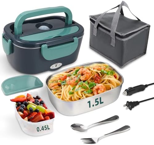 Electric Lunch Box Food Heater – 80W Portable Heated Lunch Box with Stainless Steel Container (12V/24V/110V, Green)